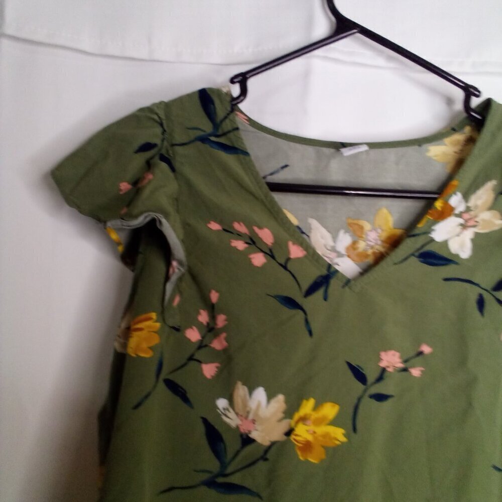 Old Navy Shirt Blouse Women S Short Sleeve Tropical Floral Green - Picture 4 of 14